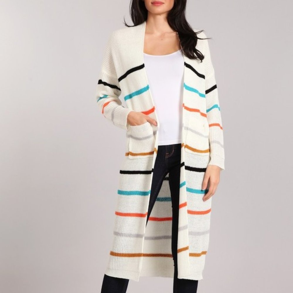 Sweater cardigan with colored stripes and front pockets